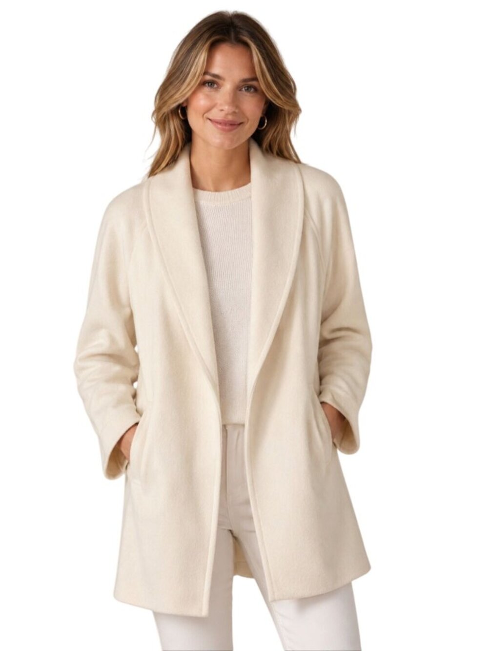 Dumas Vintage Wool Winter White Shawl Collar Open Front Coat Pockets Size M